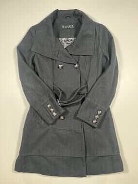 Guess Coat Womens Medium Gray Wool Trench Belted Button Winter Ruffle Hem Lined